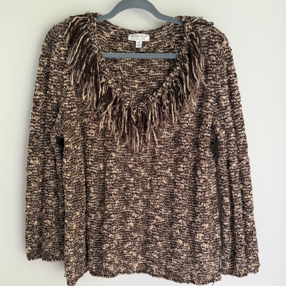 Vintage St. John Sport by Marie Gray Sweater Wool Brown Fringe Trim V-Neck SZ M